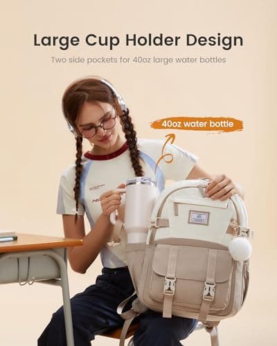 LOVEVOOK School Backpack Womens, School Bags for Girls Teens Aged 8-18, Water-Resistant Lightweight 15.6 Inch Laptop Bag, Classic High School Back to School Rucksack for Travel, Khaki-Beige — view 4