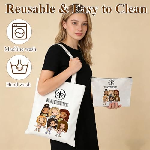 Nhemeylp Canvas Tote Bag Set, Reusable Large Tote Bag with Makeup Bag for Women, Foldable Shopping Bags with Cosmetic Bags for Commuting, Travel & Fan Events, Kpop Gifts for Girls Teenagers — view 6