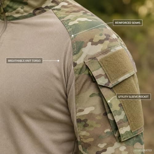 Men's Tactical Combat Shirt Quarter Zip Camo Top for Outdoor Training (E,S) — view 5