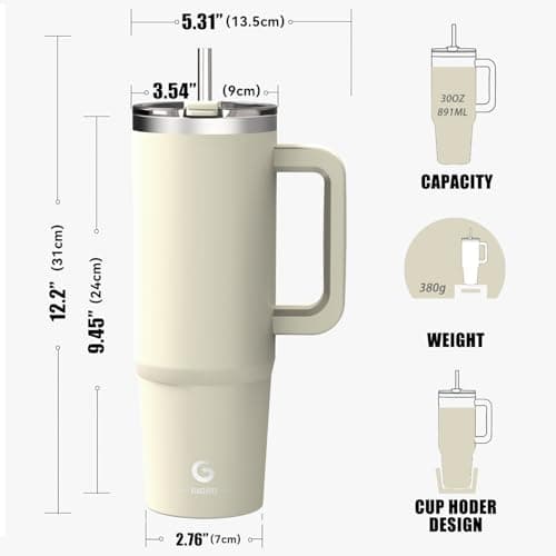 BIGRD 890ml Insulated Coffee Cup Travel Mug Double-Walled Stainless Steel Vacuum Leak-Proof Drinking Cup with Handle and Straw Thermal Tumbler,Beige — view 3