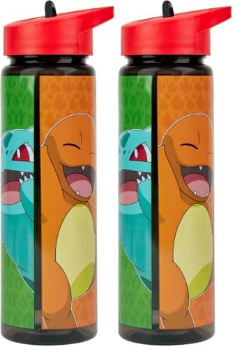 HOX Pokémon Water Bottle 600ml – Pikachu & Squirtle Design, Leak Proof Flip‑Up Spout, Secure‑Seal Lid with Carry Loop, BPA‑Free Kids & Adults Drinks Bottle (Pack of 2)