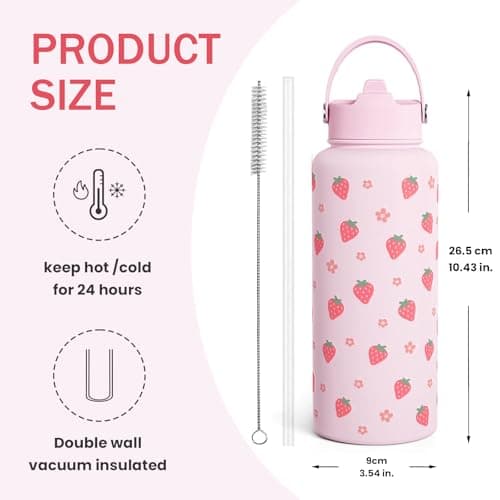 Bryxora Insulated Water Bottle with Straw Lid (800ml) - 24 Hours Cold - Iced for 48 Hours - Leakproof - BPA Free - Easy to Carry - Vacuum Insulated Double Walled Stainless Steel Flask (Strawberry) — view 2