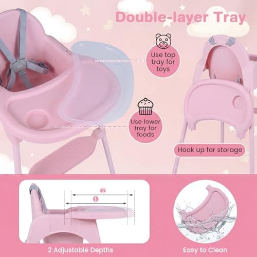 COSTWAY High Chair for Babies and Toddlers, 4 in 1 Convertible Baby Highchair with 2 Heights, Removable Double Tray, 5-Point Harness & Reversible Footrest, Infant Feeding Chair for 6-36 Months (Pink) — view 4