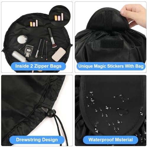 URAQT Lay Flat Drawstring Makeup Bag, Large-Capacity Travel Cosmetic Pouch, Portable Quick Pack Lazy Drawstring Make Up Bag for Daily Use, Magic Cosmetic Bag with Small Pocket for Women, Black — view 3