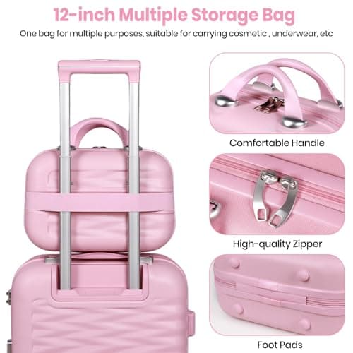 H.yeed 20 Inch Cabin Suitcase with 12 Inch Vanity Case Lightweight ABS Hard Shell Suitcase Trolley Luggage Travel Case with Spinner Wheels (Pink, 2 pc Set) — view 6