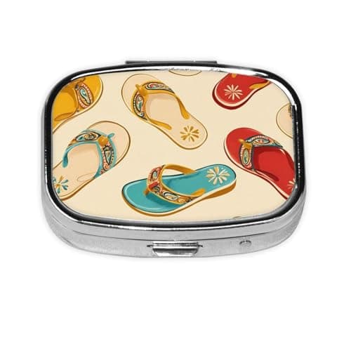 Summer Sandals Pattern Square Pill Box Mini Metal Travel Medicine Organizer 2 Compartments Pocket Portable Small Storage Case