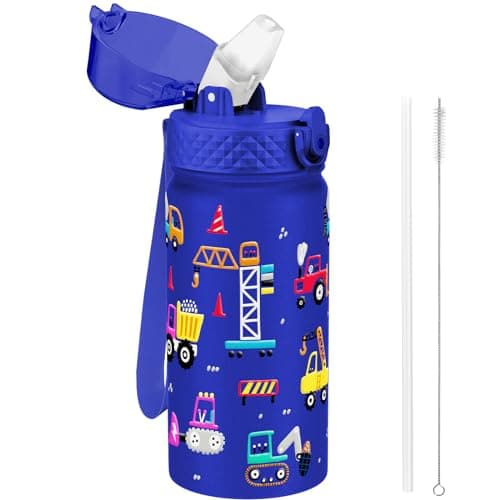 GOPPUS 420ml/14oz Kids Insulated Water Bottle with Straw Double Wall Stainless Steel Child's Small Flask Vacuum Metal Leak Proof Drink Flask Boys Toddler Girls BPA-Free (Blue Construction Vehicle)