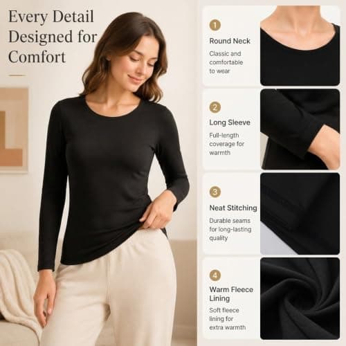 SCCGKP 2 Pack Women's Long Sleeve Thermal Shirts Soft Crewneck Undershirt Tops Lightweight Base Layer Cold Weather (UK, Alpha, L, Regular, Regular, Black) — view 4