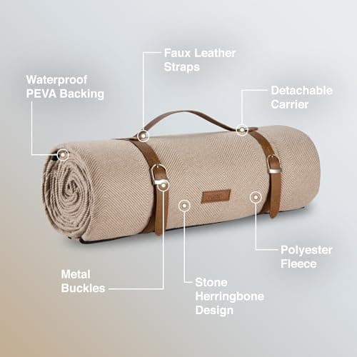 VonShef Picnic Blanket, Beige Herringbone, 200x220cm — view 4