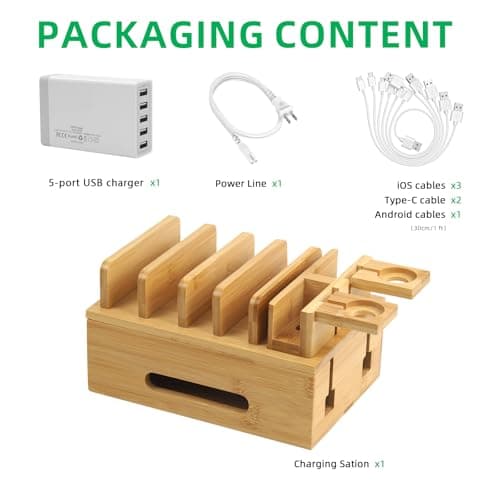 Deefielly Bamboo Charging Stations for Multi Devices with 5 Port USB Charger, 6 Cables, Desktop Wood Docking Station Charger Organizer for Cell Phones, Tablets,Earphone, Watches — view 4