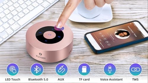 Xleader Mini Bluetooth Speaker (Travel Case Packed) with Aux input, Micro SD, Mic, Touch Design, Crystal Sound$Rich Bass, 12H Playtime, Small Portable, for iPhone Laptop Shower Office Gifts, Rose Gold — view 2