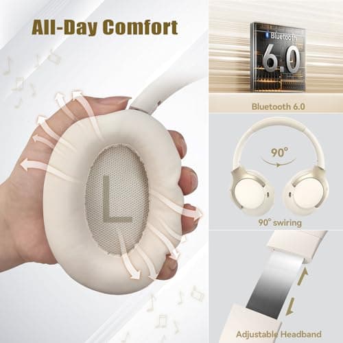 TECKNET Active Noise Cancelling Headphones, wireless headphones bluetooth 6.0, 70H Playtime and 6 EQ Music Modes with 3.5mm Cord, over ear headphones wireless & Wired for Home Travel Office, White — view 6