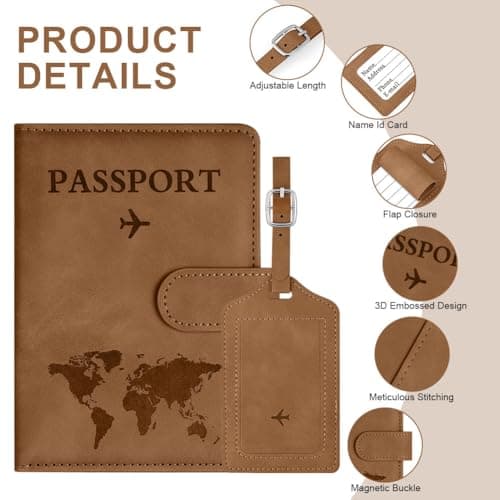OFFCUP Passport Holder Cover, PU Leather Passport Cover and Luggage Tag Set with RFID Blocking Travel Wallet, Universal Travel Wallet Case Organiser for Money, Boarding Passes, Credit Cards Brown — view 3