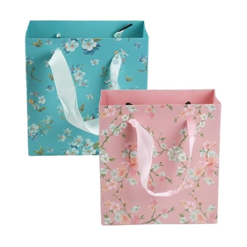 Novocloud 2Pcs Gift Bag, Luxury Small Gift Bags for Presents, Floral Print Birthday Bag, 14 x 7 x 15 cms, Small Bags for Gifts for Birthdays & Celebrations & Other Occasions for Her (Blue & Pink)