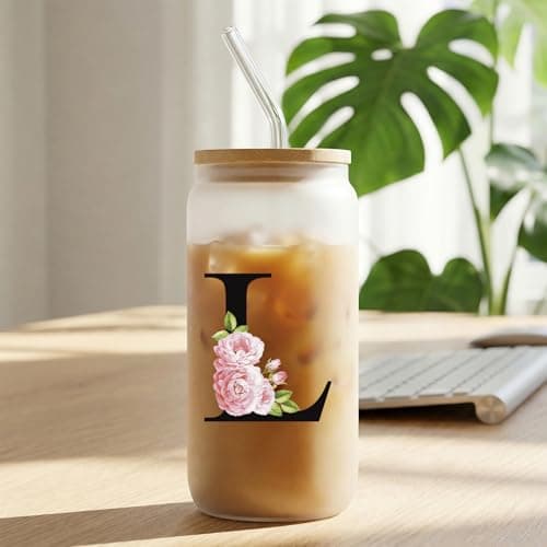 JEKUGOT A-Z Initial Personalised Birthday Gifts for Women, 16oz Iced Coffee Glass Cups with Lids and Straws, Glass Coffee Cup Gift Set for Mothers, Friends, Women, Men, Iced Coffees Cup Gift (L) — view 3