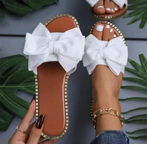 Sksshion Women's Bow Knot Slides Open Toe Flat Sandals Summer Slip On Slippers White 6 — view 2