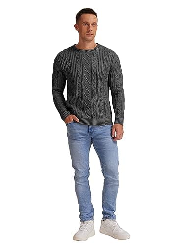 Hisir Men's Cable Knit Jumper, Thick Warm Crew Neck Winter, Dark Grey, XL — view 5