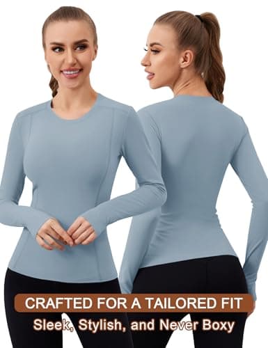 IECCP Plus Size Womens Thermal Tops Fleece Lined Shirt Long Sleeve Base Layer Long Sleeve Workout Running Athletic Shirts with Thumb Holes Moisture Wicking Gray Blue XL — view 2