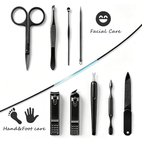 Manicure Set 9 in 1 Stainless Steel, Nail Clippers Scissors Pedicure Tools Kit - Portable Travel Grooming Kit for Men and Women with Black/Blue Leather Case (Blue) — view 5