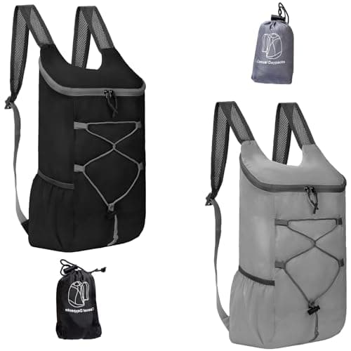 InfiniZer 2 Pcs Ultra Lightweight Foldable Backpacks Water Resistant Packable Rucksacks Hiking Daypacks for Women Men Outdoor Travelling Camping Biking Cycling Walking (Black 2+Grey 2)