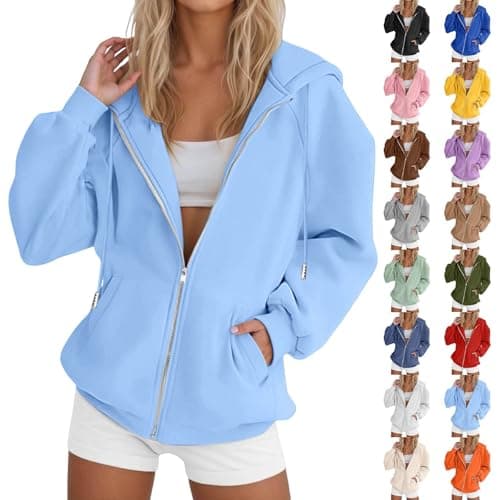 Oversized Hoodie Zip Up Hoodies for Women Uk Y2K Oversized Airplane Travel Hoodie Ladies Long Sleeve Hooded Sweatshirts Pockets Baggy Lined Comfortable Warm Preppy Style Plain Loose Hoody Light Blue