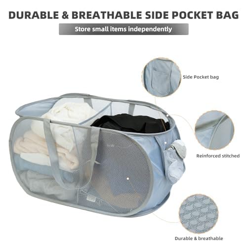 KIAYOO Collapsible Laundry Basket,Foldable Clothes Hamper 2 Compartments with Side Pocket Bag,Pop up Washing Bin Bag for Bathroom,Bedroom,College Dorm,Hotel,Travel,Grey — view 5