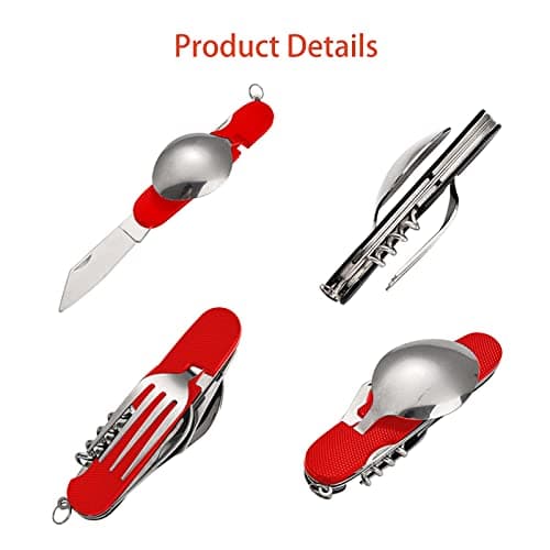 FUZVOL Folding Camping Cutlery Set Stainless Steel Portable Utensil 6 in 1 Multitool Outdoor Tableware for Travel, Hiking, Picnic,Red — view 3