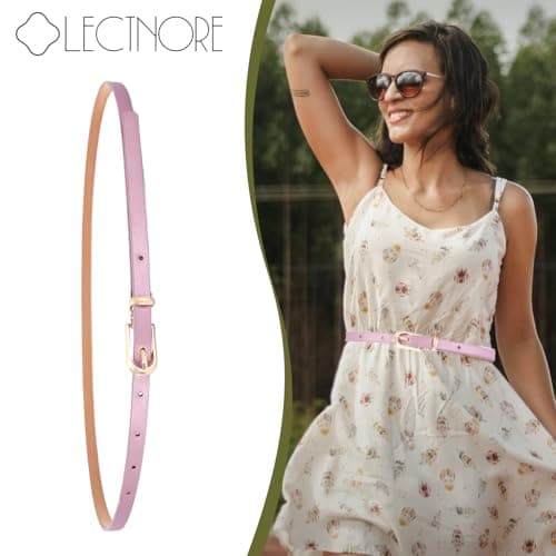 LECTNORE Women Skinny Leather Belt for Dresses Thin Waist Belt with Metal Buckle for Jeans Dress Pants(light-purple) — view 6