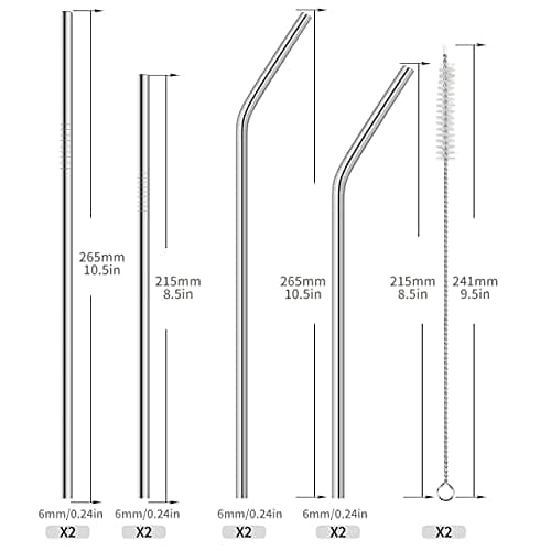 Ithyes 8 Pack Reusable Metal Straws Long Stainless Steel Straws Drinking Straw for 20/30 oz Tumblers with Travel Case & 2 Cleaning Brushes,10.5"/8.5"(Silver) — view 3