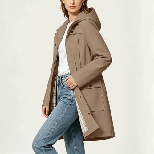 Znwerma women's rain jacket Waterproof Jacket Lightweight for Women Ladies Windbreaker Rain Coats Full Zip Hooded Long Raincoat Casual Hiking Walking Outwear Khaki — view 5