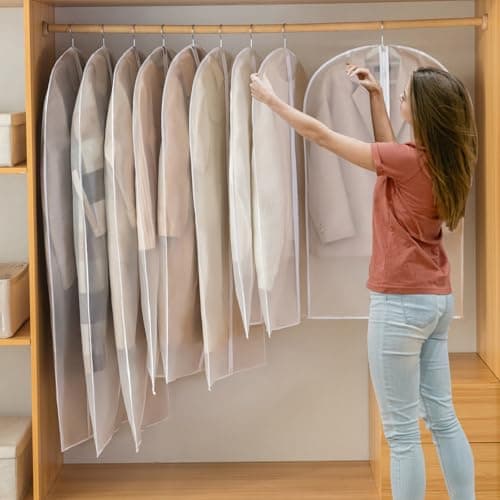 Luabue 10 Pack Garment Bags 60 x 80 cm Dustproof Suit Bags, 31inch PEVA Translucent Suit Covers for Hanging Clothes Coat Jackets, Waterproof Clothes Covers Protector Bags Washable Closet Organizer — view 6