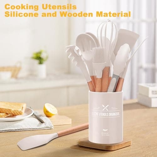 12 PCS Kitchen Utensil Set, Silicone Cooking Utensils with Holder, Natural Wooden Handle Cookware Tongs Spatula Spoon Set, Non Stick & Heat Resistant, Dishwasher Safe (Khaki) — view 5