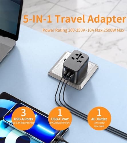 Universal Travel Adapter with 1 USB-C & 3 USB-A Ports, Worldwide Plug Adapter with Universal AC Socket, Dual 10A Fuses, International Power Adapter for UK EU US AU (with Carry Pouch) — view 2