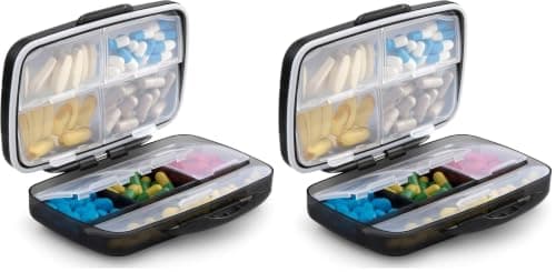 Fullicon Travel Pill Box Organiser Large Portable, Oversize 8 Compartment Pill Boxes/Holder, Vitamin/Medication Case - Airtight & Moistureproof (Black) (Pack of 2)