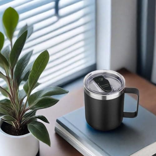 Volhoply 14oz Insulated Stainless Steel Coffee Mug with Leakproof Lid,Double Wall Vacuum Travel Coffee Cup with Handle,Reusable Metal Tumbler,Camping Mugs Keep Hot/Cold,Christmas Gifts(Black,1 — view 5