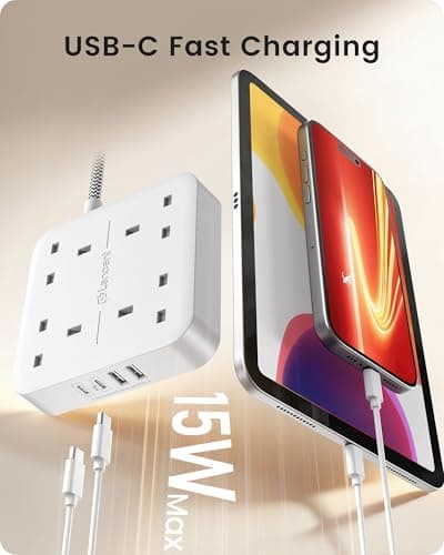 LENCENT 1.8M Extension Lead with 2 USB A & 2 USB C Ports, 4-Way Switched — view 3