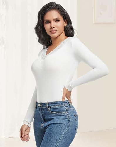 MOSCOAL Fleece Lined Thermal Tops for Women Long Sleeve Lace Trim Base Layer V Neck Shirt, White, M — view 2