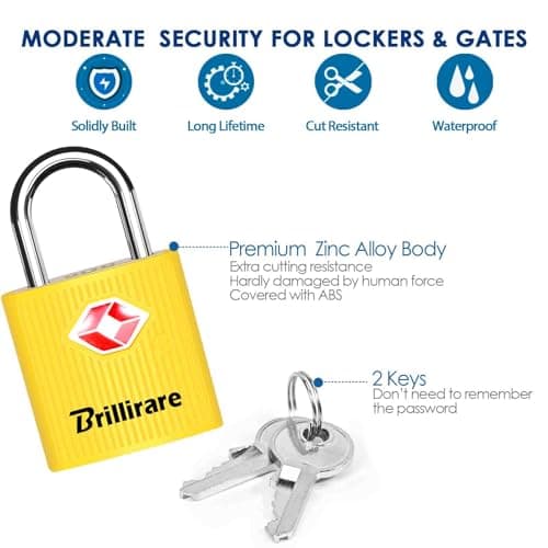 Brillirare 4 Pack TSA Approved Luggage Locks with Keys, Travel Padlock, Zinc Alloy Waterproof Keyed Lock, TSA Outdoor Metal Lock for Lockers, Bags, Backpack, Gym, Gate-Yellow — view 5