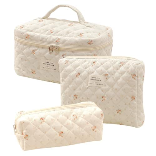 3Pcs Coquette Makeup Bag, Large Capacity Quilted Cosmetic Bag, Toiletry Set