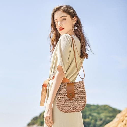 Bototack Straw Beach Bag for Women, Small Summer Crossbody Bag with Zipper, Bohemian Weave Handmade Shoulder Handbags for Beach Vocation Holiday (Khaki) — view 3