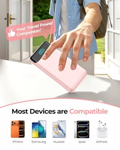 Power Bank 27000mAh,QC4.0 22.5W Fast Charging Portable Charger with Built-in 3 Cables, 4 Outputs & 3 Inputs Powerbank with LED Display for iPhone, Tablets and More Pink — view 6