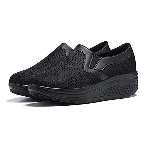 Women Slip on Walking Work Shoes Wedge Platform Trainers Mesh Upper Tennis Shoes Ladies Athletic Running Shoes Breathable Sneakers Air Cushion Slip-On Walking Shoes UK Size Orthopedic Shoes Black — view 4