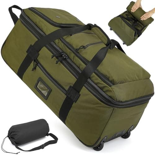 TAIHOYIN Large Foldable Duffle Bag with Wheels 85-100L Expandable Wheeled Holdall Extra Large Travel Rolling Duffel Bags for Men Women Collapsible Big Soft Luggage Camping, Green