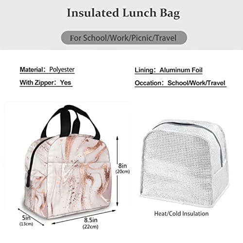 Lunch Bag Insulated Box Marble Painting with Rose Gold Glitter Pink Reusable Tote Portable Leakproof Cooler Front Pocket for Travel/Picnic/Work/School/Office, Gold,pink — view 5