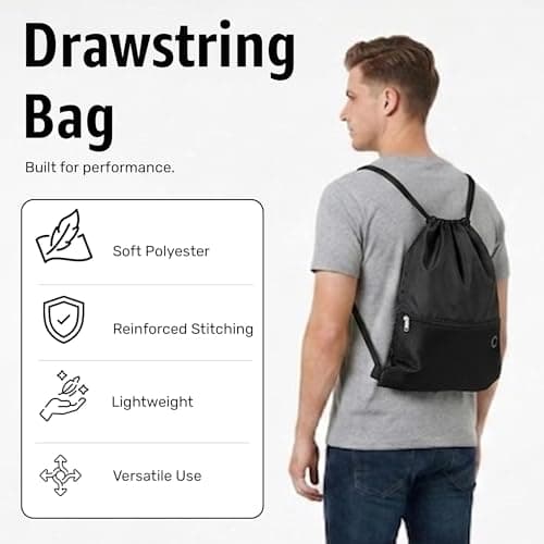 Bodygenix Unisex Drawstring Backpack for Sports – Lightweight Polyester Bag with Front Zip Pocket & Headphone Port – Waterproof Cinch String Bag for Sports, School, Swim, Travel & Beach Use - Black — view 2