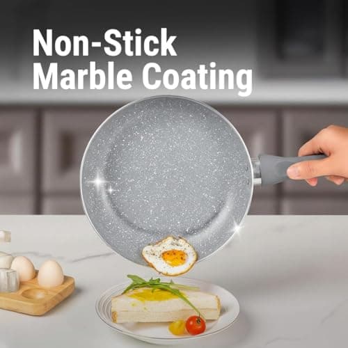Gr8 Home 9 Piece Non Stick Pan Set with Glass Lids & Steam Vent | Induction Compatible Cookware Set with Handles | Grey Marble Effect Frying Pan, Saucepan & Grill Pan Kitchen Cookware Set — view 3
