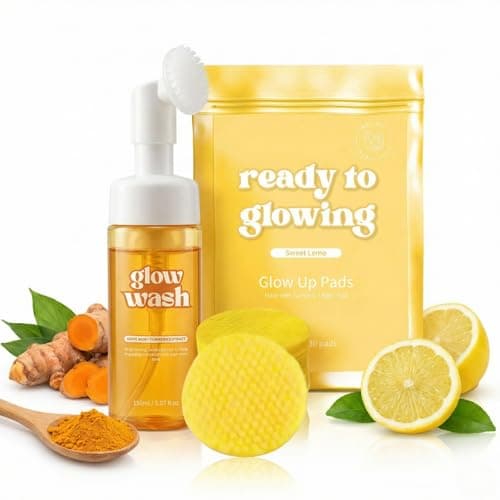 2 Pcs Turmeric Face Wash with Brush & Turmeric Kojic Acid Cleansing Pads, Skin Care Set for Deep Cleansing and Brightening, Exfoliating, Pore Cleansing Facial Kit for Radiant Skin, for All Skin Types