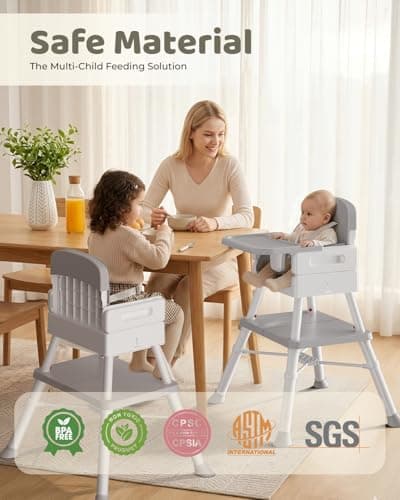 COOSEYA Baby High Chair, 6-in-1 Convertible Baby High Chair for Babies and Toddlers, Multi-Use Adjustable Feeding Chair with Removable Tray, 5-Point Safety Harness, Classic Grey (6 M-3 Y) — view 4