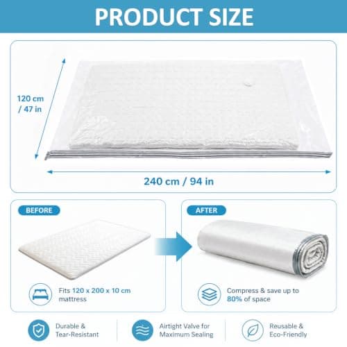 Vacuum Storage Bags, Extra Large Mattress Vacuum Bag for Duvets, Blankets & Clothes, Waterproof Reusable Vacuum Seal Bags for Moving (240x120cm) — view 2