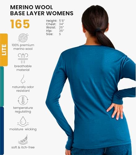 100% Merino Wool Base Layer Womens - Long Sleeve Thermal Shirts + Socks (Small, 165 Denim Blue) — view 2